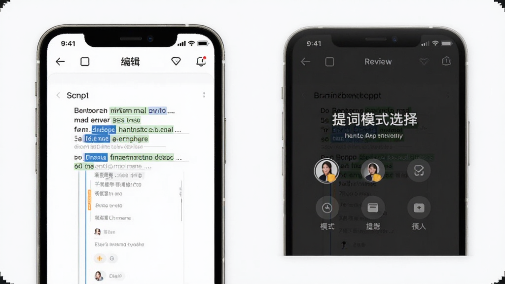 讲笔App功能展示图,主体为手机屏幕中显示脚本编辑界面和提词模式选择,布局为左右分栏展示编辑与预览,排版整齐,风格为清爽简约的移动端UI,细节包括文字高亮和模式图标,画质高清,干净,无多余元素