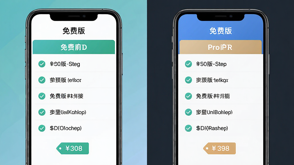 讲笔App版本对比图,主体为手机屏幕中显示免费版和Pro版功能对比列表,布局为左右对比排版,风格为清爽商务风,细节包括勾选图标和价格标签,画质高清,干净,无多余元素