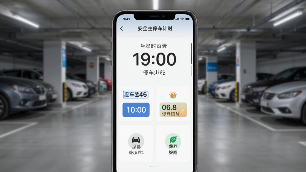 好好安全车主停车计时与车辆管理界面,手机屏幕展示计时器数字和车辆信息卡片,背景为停车场场景,布局为上下分栏,排版整齐,风格简约商务,细节包含车牌号、计时按钮、保养提醒图标,画质高清,干净,无多余元素
