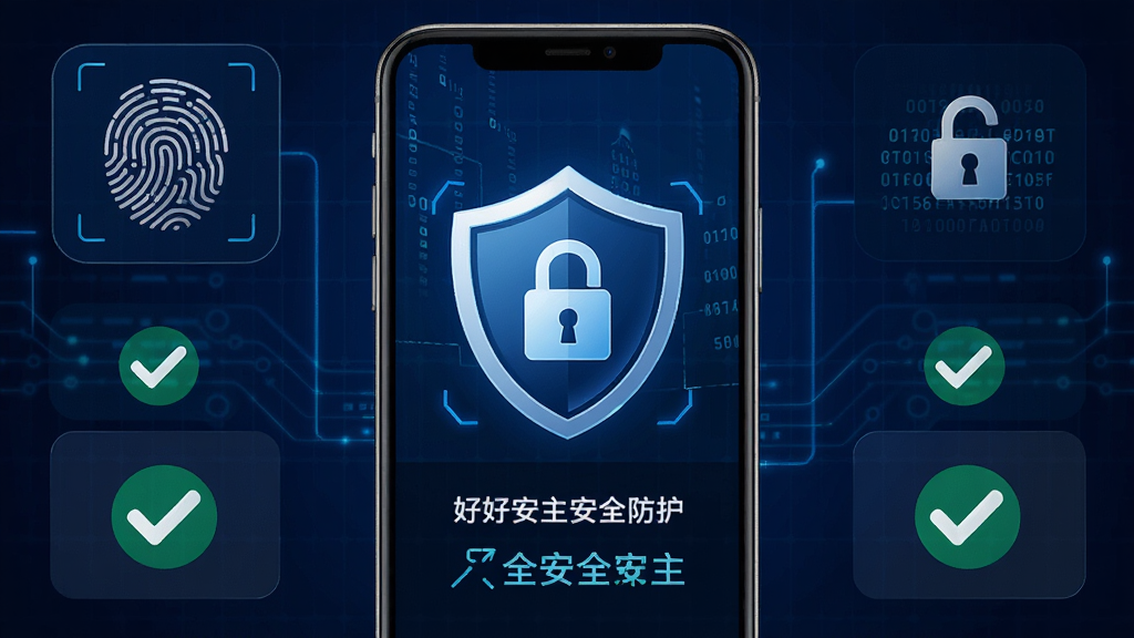 好好安全车主安全防护概念图,手机屏幕显示盾牌图标和数据加密锁,背景为深蓝色科技网格,布局居中对称,排版简洁,风格安全可信,细节包含指纹识别、加密锁、绿色对勾,画质高清,干净,无多余元素