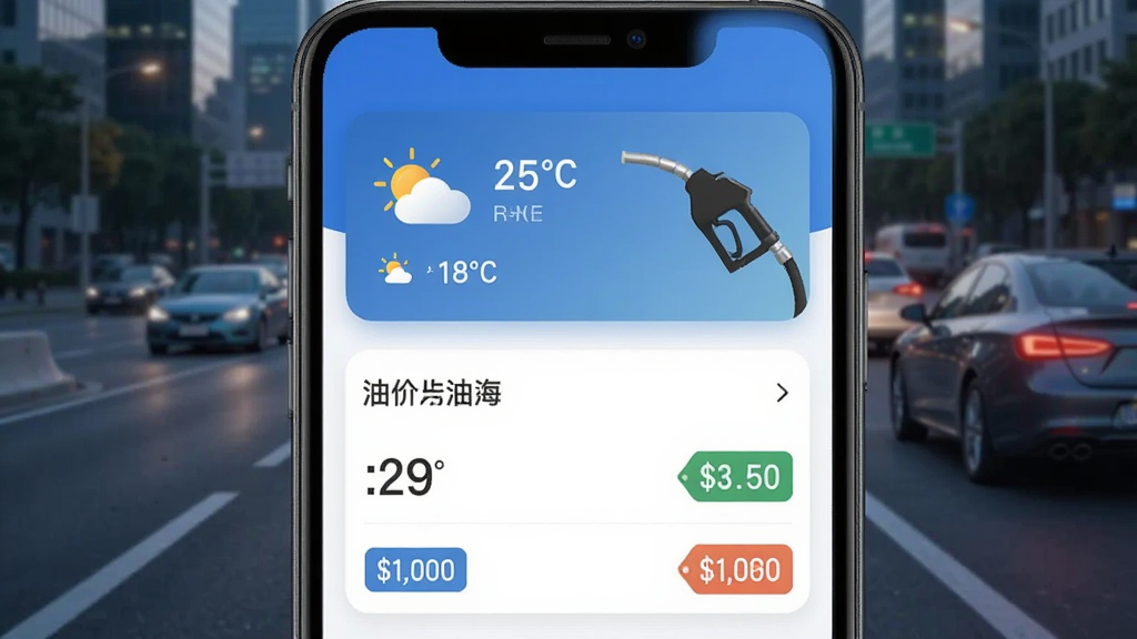 好好安全车主APP首页界面,手机屏幕中显示天气卡片和油价列表,背景为城市道路与车辆,布局简洁清晰,排版上下结构,风格现代科技感,细节包含温度数字、油枪图标、价格标签,画质高清,干净,无多余元素