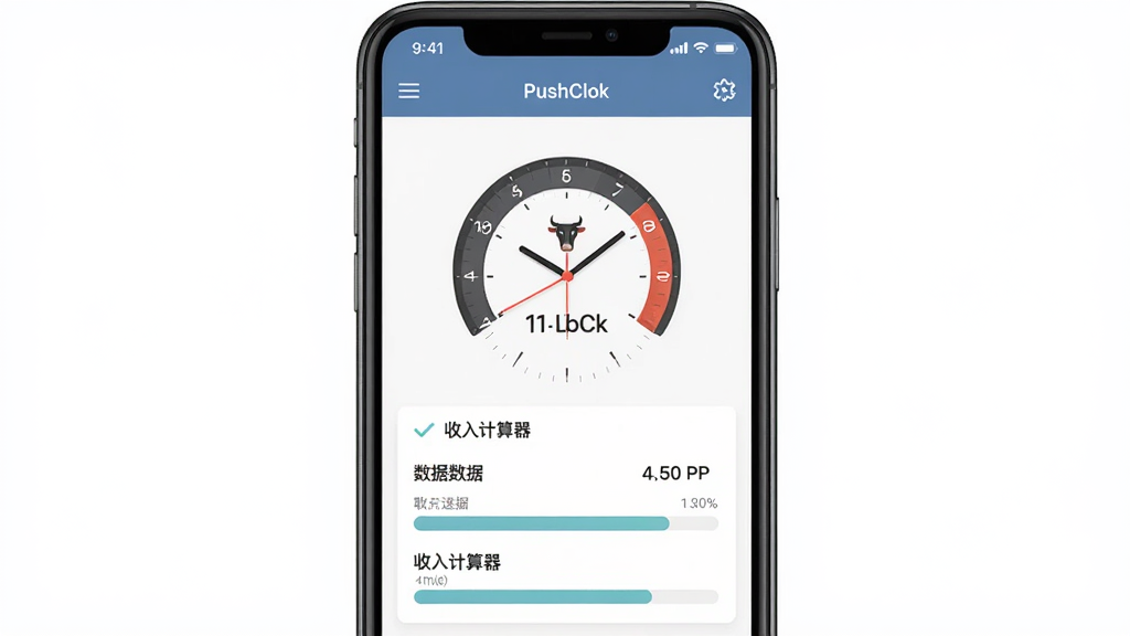 PushClok 软件界面展示,主体为手机屏幕,屏幕中显示牛马时钟和收入计算器数据,布局为居中对齐,排版简洁清晰,风格为现代扁平化设计,细节包含数字仪表盘和进度条,画质高清,干净无多余元素