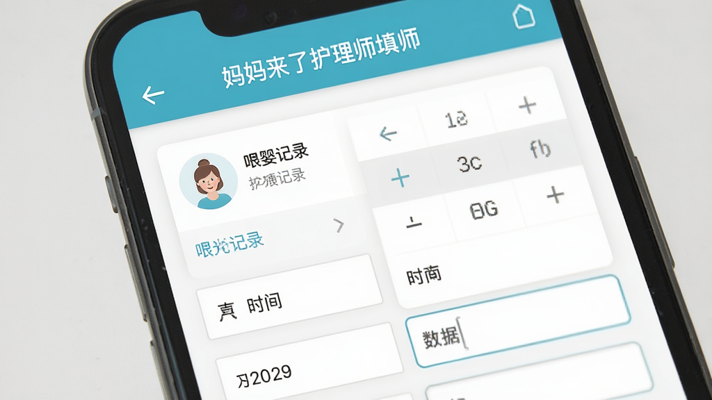�������˻���ʦAPP�����ͼ������Ϊ�ֻ���Ļ��ʾĸӤ�����ձ���дҳ�棬����Ϊ�Ϸ��������·����������Ű��������룬���Ϊ���¼�Լҽ�ƽ����磬ϸ�ڰ���ι����¼ͼ�ꡢʱ��ѡ��������������򣬻��ʸ���ɾ��޶���Ԫ��