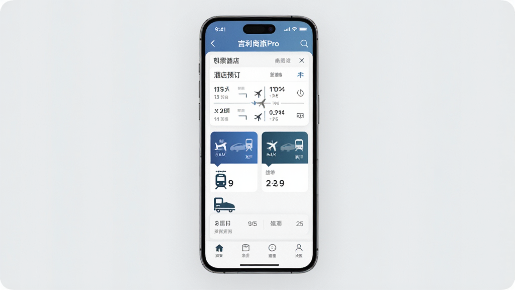 吉利商旅Pro 商务差旅手机界面展示 主体为一部智能手机 屏幕显示机票酒店预订页面 布局居中 排版清晰 风格简约商务 细节包含航班信息酒店卡片火车票图标 画质高清 干净 无多余元素