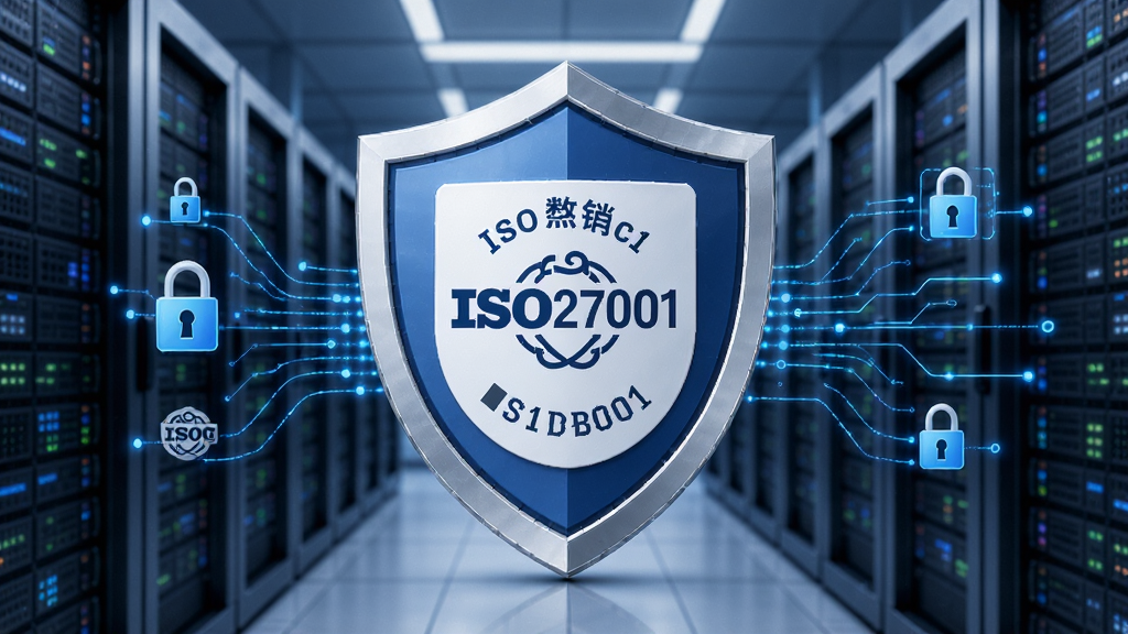 智慧记进销存数据安全认证展示,画面中央是盾牌图标和ISO27001认证标志,背景是服务器机房,风格为科技安全类,细节包括锁形图标和数据流线条,画质高清,干净,无多余元素