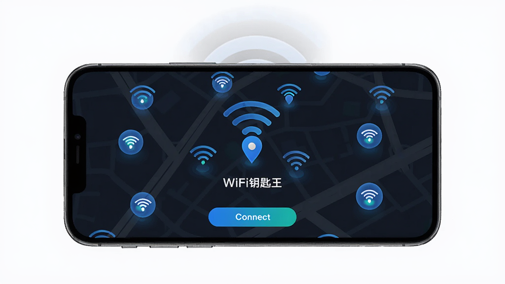 WiFiԿ������������չʾ������Ϊ�ֻ���Ļ��ʾ��ͼ�ϵ�WiFi�ȵ�ͼ�꣬����Ϊ�����ֻ�������ͼ���Ű��࣬����ִ��Ƽ��У�ϸ�ڰ�����ɫ�źŲ��ơ���λ��ǡ����Ӱ�ť�����ʸ��壬�ɾ����޶���Ԫ��