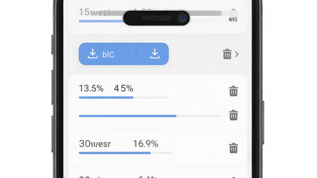 手机界面展示简单追剧APP的下载管理页面,主体为一部智能手机,屏幕中央显示下载列表和进度条,布局为竖版手机截图风格,排版清晰,风格为现代扁平化UI设计,细节包括下载按钮、进度百分比、删除图标,画质高清,干净,无多余元素