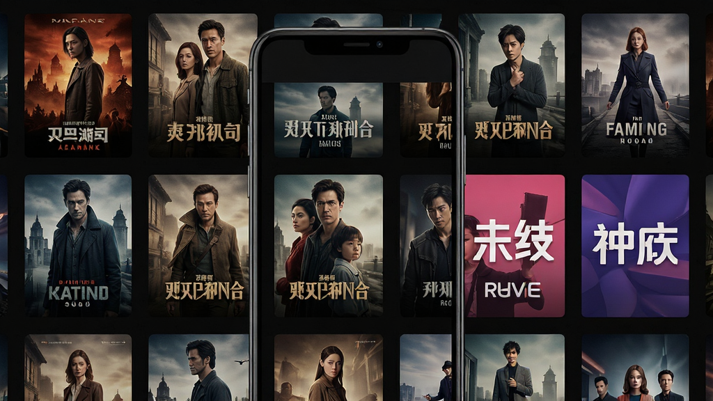 简单追剧APP特色功能展示图,主体为手机屏幕中显示多个影视海报排列,布局为网格状海报墙,排版整齐,风格为暗色系影院风格,细节包括电影封面、电视剧封面、综艺封面,画质高清,干净,无多余元素