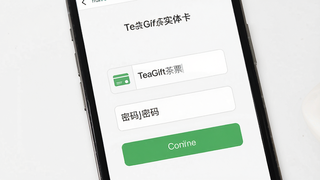 TeaGift茶票实体卡绑定操作界面,主体为手机屏幕显示卡号和密码输入框,布局为居中表单,排版清晰,风格简约现代,细节包含绿色确认按钮和卡片图标,画质高清 干净 无多余元素
