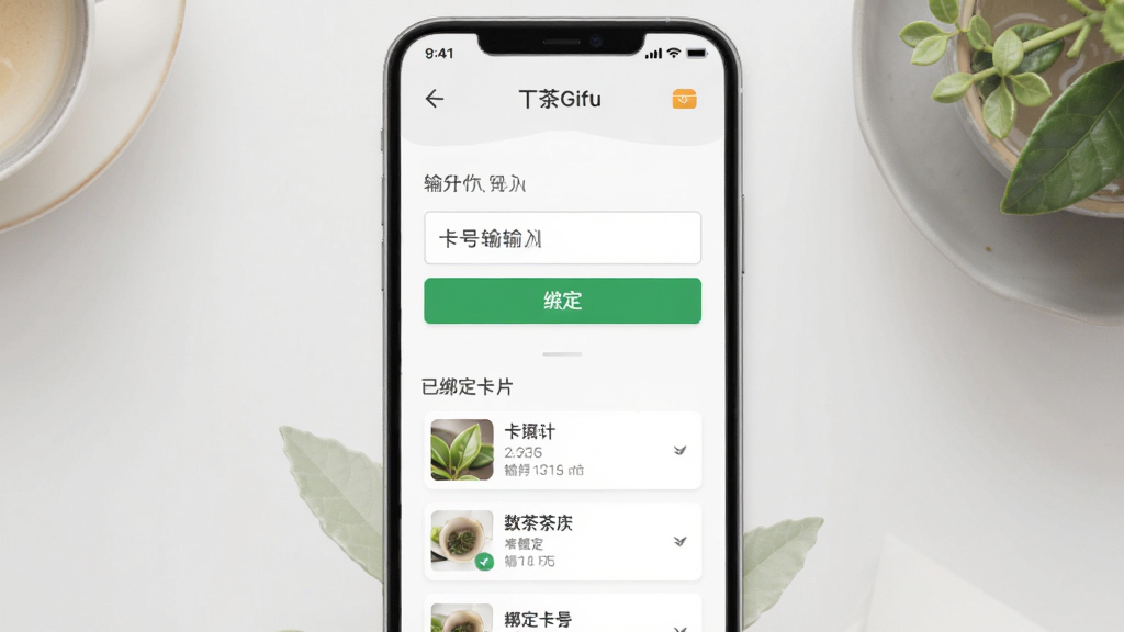 TeaGift茶票应用内实体卡绑定页面,主体为卡片绑定输入框和已绑定卡片列表,布局为纵向排列,排版简洁,风格商务淡雅,细节包含卡号输入区域和绿色绑定按钮,画质清晰 干净 无多余元素
