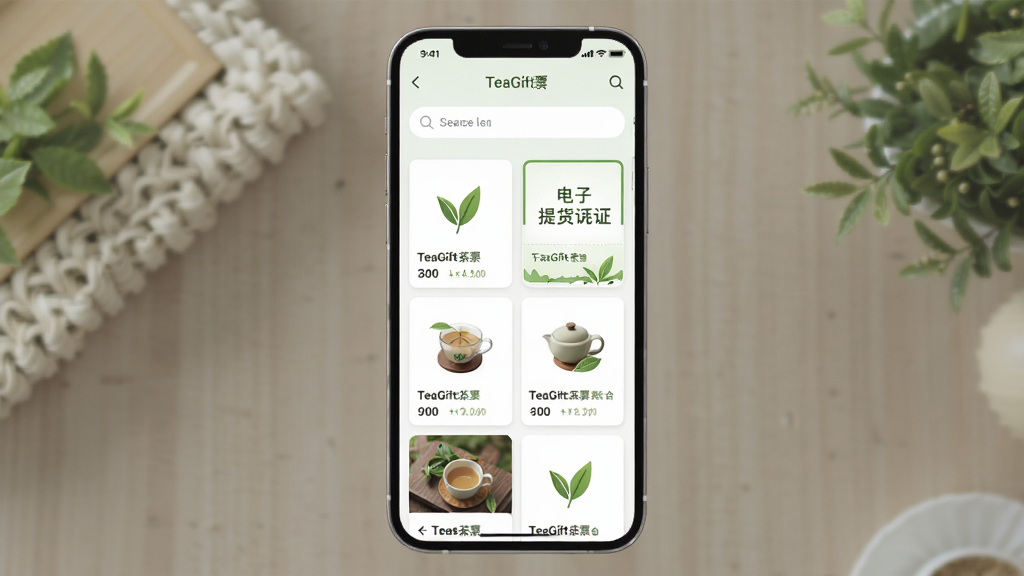 手机屏幕展示TeaGift茶票应用界面,主体为茶品列表和电子提货凭证卡片,布局为上下结构上方搜索栏下方商品网格,排版整齐,风格清新简约,细节包含绿色茶叶图标和白色卡片,画质高清 干净 无多余元素