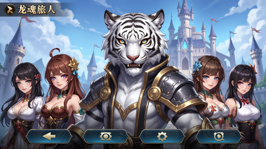 龙魂旅人 游戏主界面 展示白虎角色与后宫角色立绘 布局为中央大图角色展示 下方为功能按钮 排版清晰 风格为二次元动漫风 细节包括角色表情生动 背景为奇幻城堡 画质为高清 干净 无多余元素