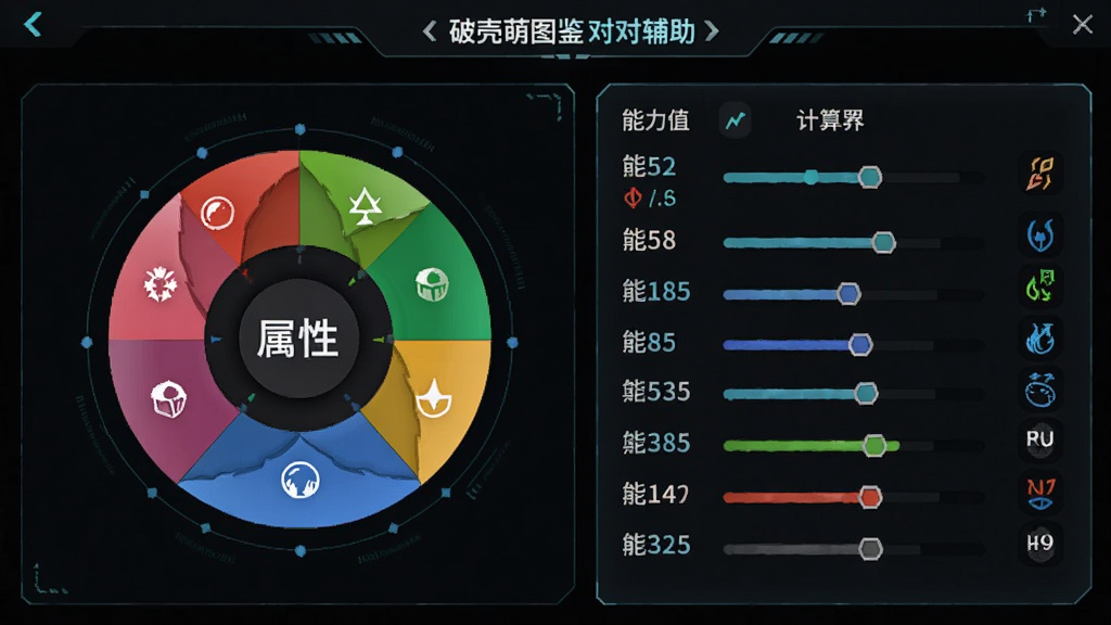 破壳萌图鉴对战辅助界面,主体为属性克制圆盘与能力值计算器,布局对称,排版简洁,风格科技感,细节包含数值滑块与属性图标,画质清晰,干净,无多余元素
