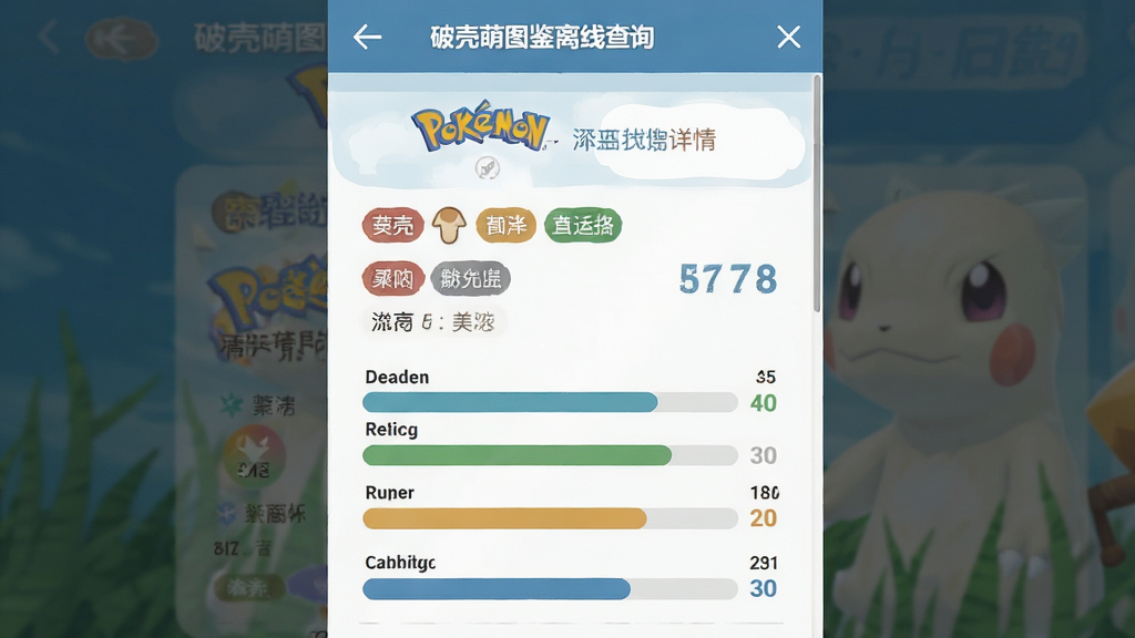 破壳萌图鉴离线查询界面,主体为宝可梦详情页,布局单列,排版清晰,风格清新,细节包含属性标签与数值条,画质干净,无多余元素
