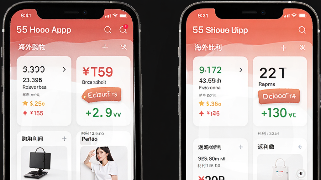 55海淘 App 界面展示,主体为手机屏幕,屏幕中显示海外购物返利平台首页,布局清晰,排版简洁,风格现代科技感,细节包括折扣信息卡片和返利比例标签,画质高清,干净,无多余元素