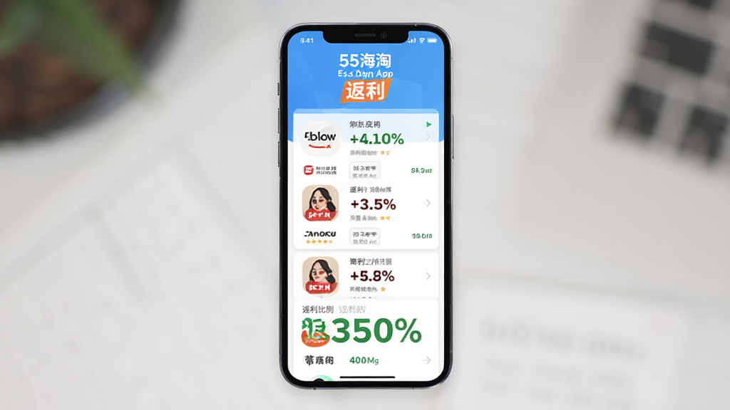 55海淘 App 返利页面展示,主体为手机屏幕,屏幕中显示热门商家列表和返利比例,布局整齐,排版清晰,风格简洁商务,细节包括商家图标和返利百分比,画质高清,干净,无多余元素