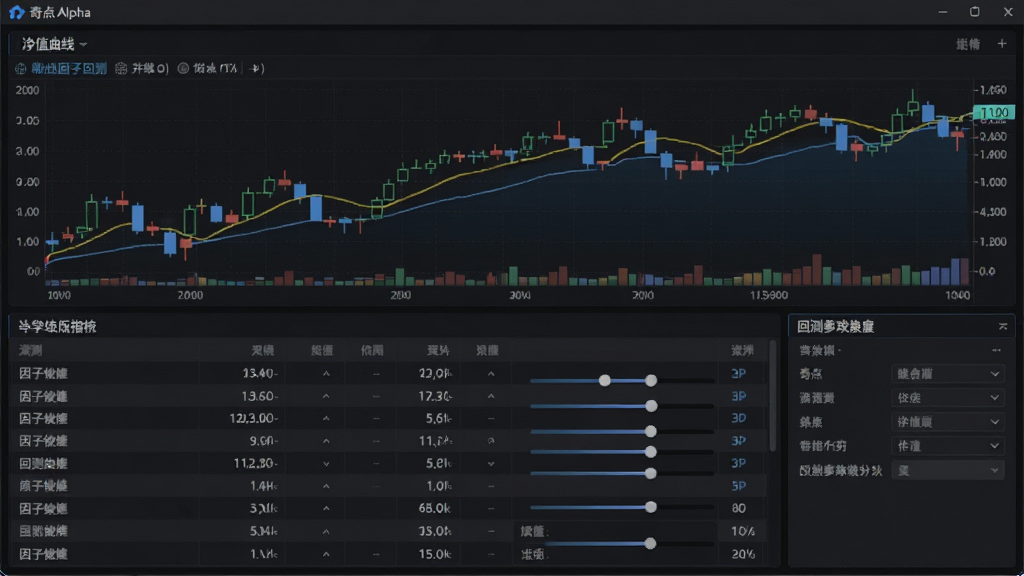 奇点Alpha软件界面截图,主体为多因子回测数据面板,布局采用上下分栏结构,上方展示净值曲线图,下方为绩效指标表格,排版整洁清晰,风格为深色科技风,细节包含K线图、因子权重滑块、回测参数设置区,画质高清,干净无多余元素