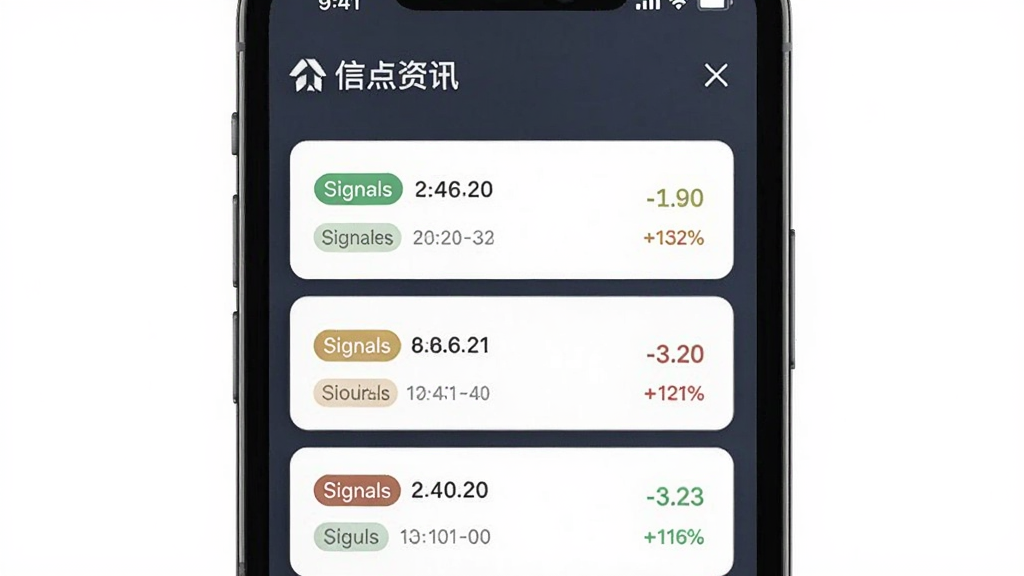 奇点Alpha软件中的信号资讯页面,主体为手机屏幕展示资讯列表,布局为垂直滚动卡片式排版,风格简洁商务,细节包含信号标签、时间戳、涨跌颜色标识,画质清晰,干净无多余元素
