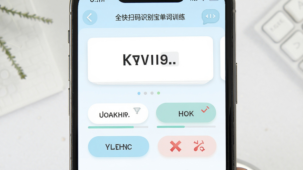 ȫ��ɨ��ʶ�𱦵���ѵ�����ܽ��棬����Ϊ�ֻ���Ļչʾ����ƴд��ϰҳ�棬���ְ������ʿ�Ƭ��ѡ�ť���Ű����룬���Ϊ����ǳɫϵ��ϸ�ڰ�����������Դ�����ͼ�꣬���ʸ��壬�ɾ��޶���Ԫ��