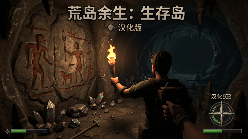 荒岛余生:生存岛(汉化版)游戏界面,玩家在洞穴中举着火把探索,墙壁上有古老壁画,地面有矿石,第一人称视角,暗黑氛围,高清画质,细节清晰,干净无多余元素