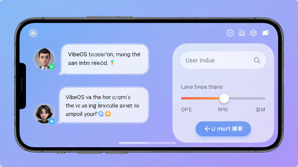 VibeOS״̬����APP�����ͼ����������չʾ�ֻ���Ļ����Ļ����AIģ���쵼�Ի������������ʾ��ɫͷ��ͶԻ����ݣ��Ҳ����û�����������״̬���ڻ��飬����Ϊ�������ɫ���䣬���岼�ּ������������ִ��Ƽ��У�ϸ�ڰ����Ի�������������ťԲ��ͼ�꾫�£����ʸ��壬�ɾ����޶���Ԫ��