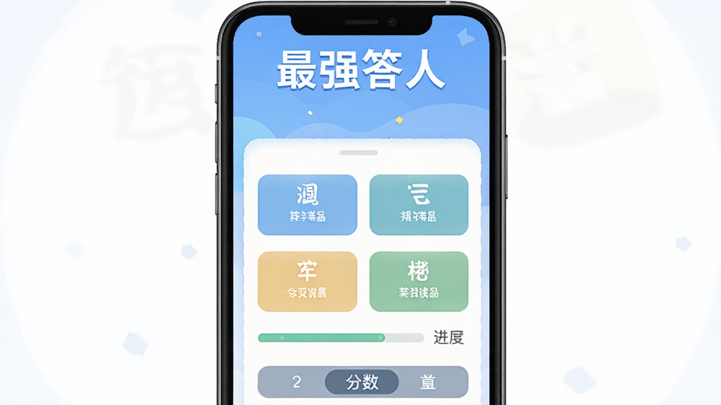 最强答人软件界面展示,主体是手机屏幕中显示成语答题界面,布局为居中展示手机,排版上方为软件名称“最强答人”,风格为清新扁平化设计,细节包括答题选项按钮、进度条和分数显示,画质清晰干净无多余元素