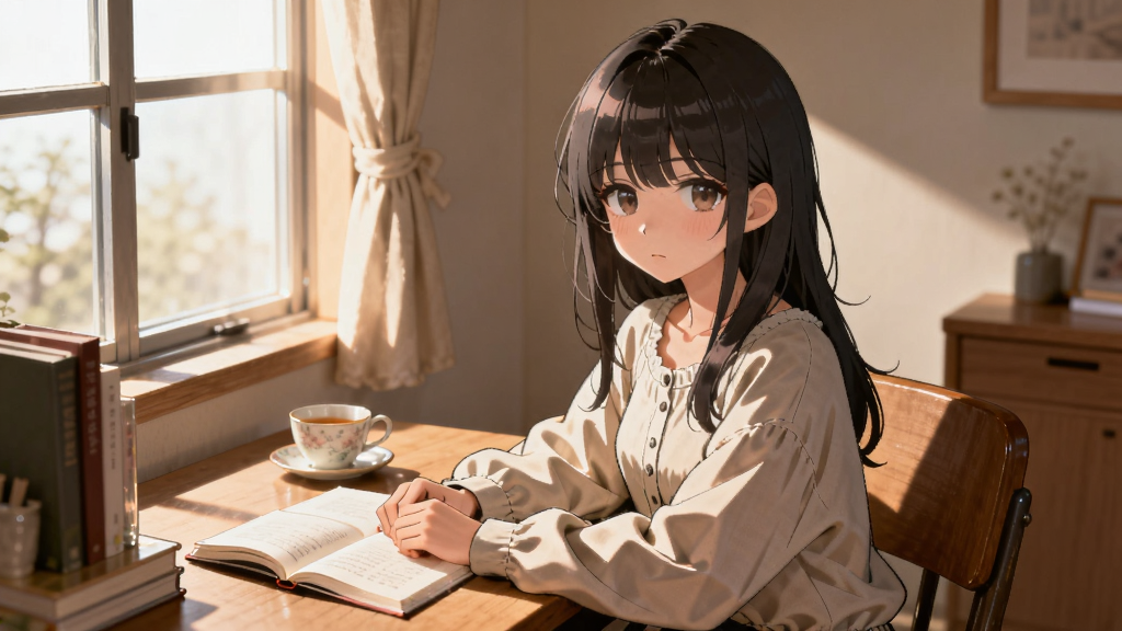 画面主体是一位日系二次元风格少女角色,坐在窗边书桌前,柔和暖光从窗外照入,桌上有书本和茶杯,背景是简约的房间布置,整体布局居中,风格为清新治愈系手绘插画,细节包括发丝光泽、衣服褶皱、柔和阴影,画质干净清晰,无多余元素,图片中不出现文字