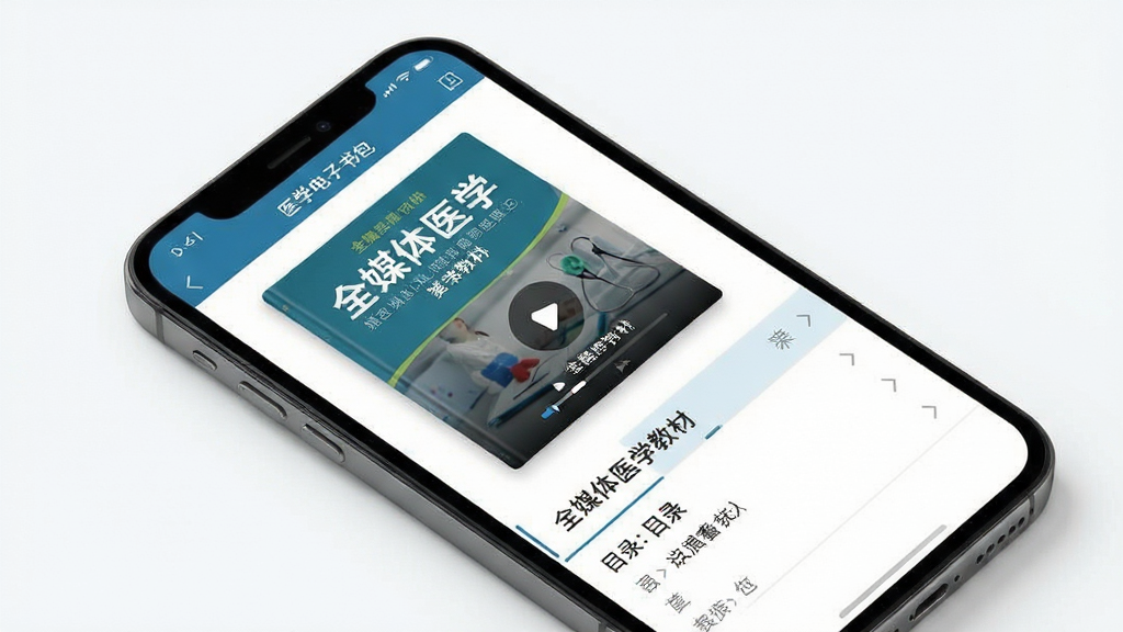 ҽѧ�������APP����չʾ������Ϊ�ֻ���Ļ����ʾȫý��ҽѧ�̲�ҳ�棬���־��У��Ű������������רҵ��ϸ�ڰ����̲ķ��桢��Ƶ���Ű�ť��Ŀ¼���������ʸ��壬�ɾ����޶���Ԫ��