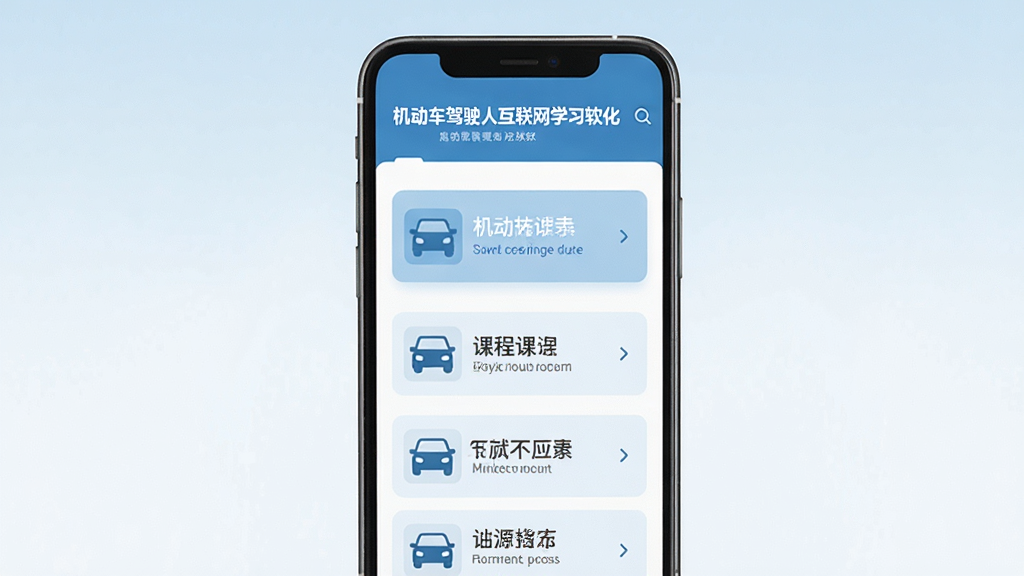机动车驾驶人互联网学习软件 主界面 课程列表 手机屏幕 扁平化设计 蓝色调 干净整洁 高清画质