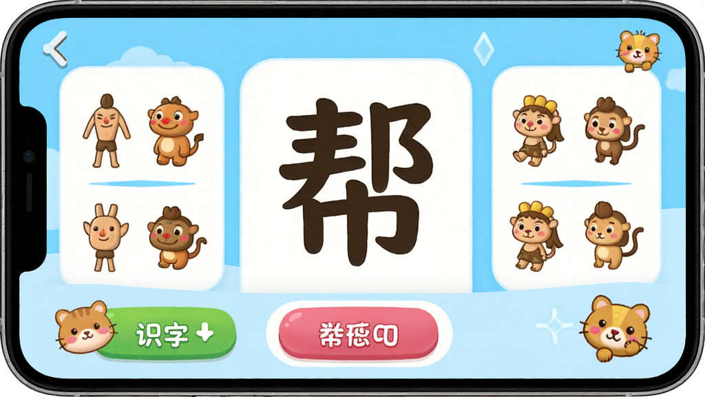 ���ʶ��App����չʾ������Ϊ��ͨ���ĺ���ѧϰ��Ƭ�����־�����ʾ��ź���������ͼ�����Ű������������Ϊ��ͯ������UI��ƣ�ϸ�ڰ�����ɫ��ť�Ϳɰ�С����ͼ�꣬���ʸ���ɾ��޶���Ԫ��