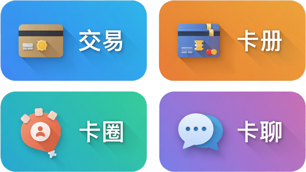 TC卡藏APP功能概览图,主体为四个功能模块图标:交易、卡册、卡圈、卡聊,布局为2x2网格,排版居中,风格扁平化设计,细节包含图标阴影和渐变底色,画质高清,干净,无多余元素