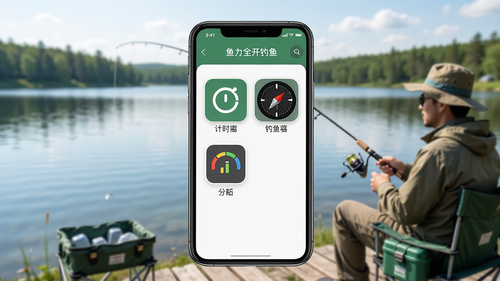 鱼力全开钓鱼软件功能展示图,画面中央是手机屏幕,屏幕上显示钓鱼工具箱界面,包含计时器、指南针、分贝仪图标,背景是湖边野钓场景,布局简洁,风格清新写实,细节清晰,画质干净,无多余元素