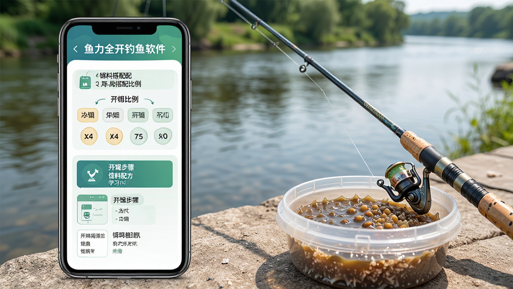 鱼力全开钓鱼软件饵料配方学习页面,手机屏幕显示饵料搭配比例和开饵步骤,旁边有钓鱼竿和饵料盆,背景是户外河边,风格写实清新,细节清晰,画质干净,无多余元素