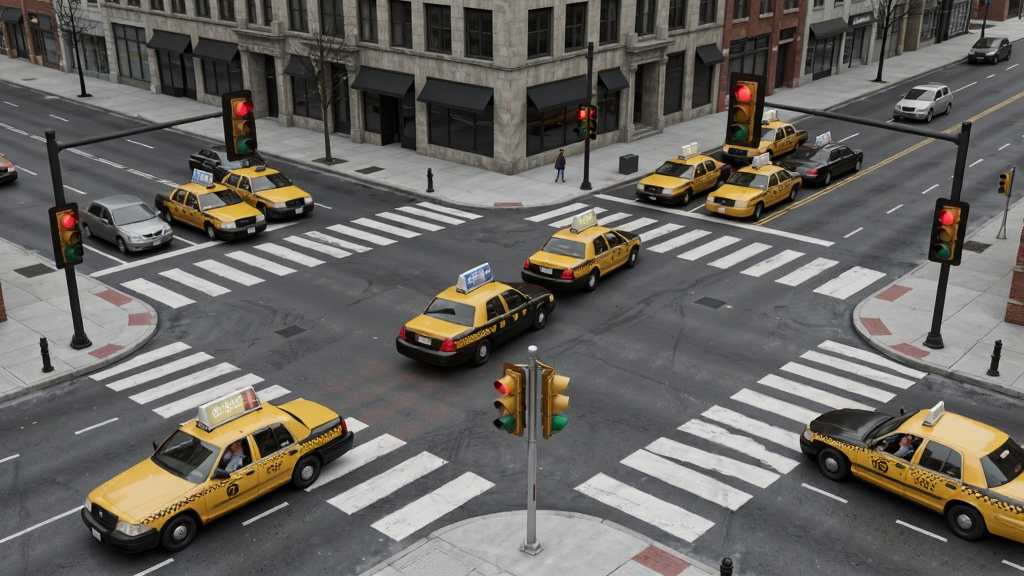 Fare Drive���н�ͨ����������Ϊ�������⳵��ʮ��·�ڵȴ����̵ƣ�����Ϊб45���ӽǣ��Ű�չʾ��·�ͽ��������дʵ��ϸ�ڰ�����ͨ�ƺͰ����ߣ����������ɾ��޶���Ԫ��