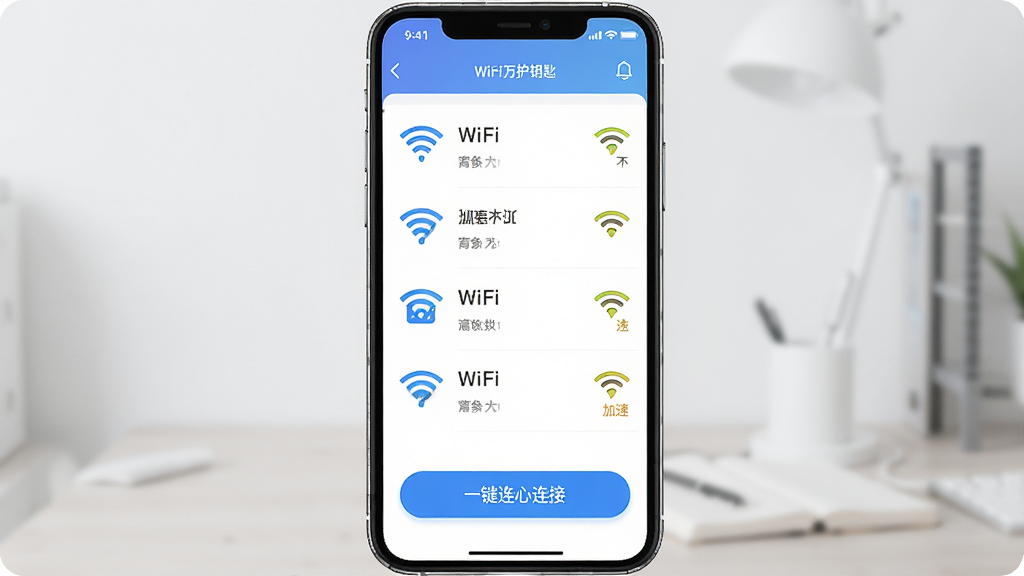 WiFi��Կ����������չʾ������Ϊ�ֻ���Ļ��ʾWiFi�ȵ��б���һ�����Ӱ�ť�����־��У��Ű��࣬����ִ��Ƽ��У�ϸ�ڰ����ź�ǿ��ͼ������ٱ�ʶ�������������ɾ����޶���Ԫ��
