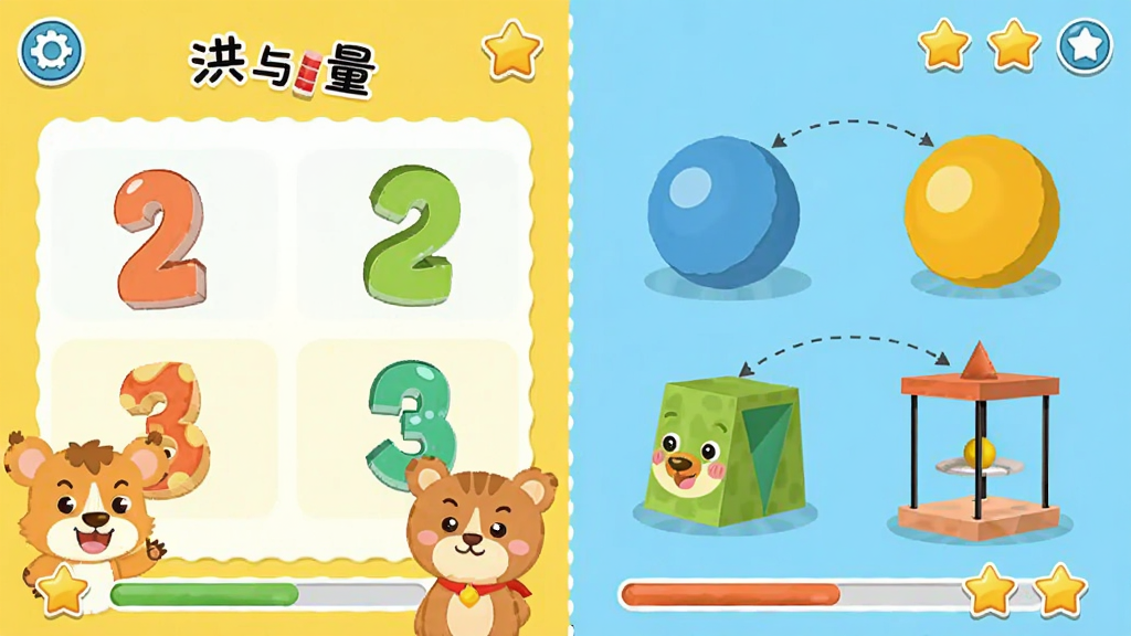 洪恩数学APP界面截图,主体为卡通风格的数学启蒙课程页面,布局左侧显示数与量互动模块,右侧展示几何与空间动画,排版清晰有序,风格为儿童教育类扁平化设计,细节包含彩色数字、可爱动物角色和进度星星,画质高清、干净、无多余元素