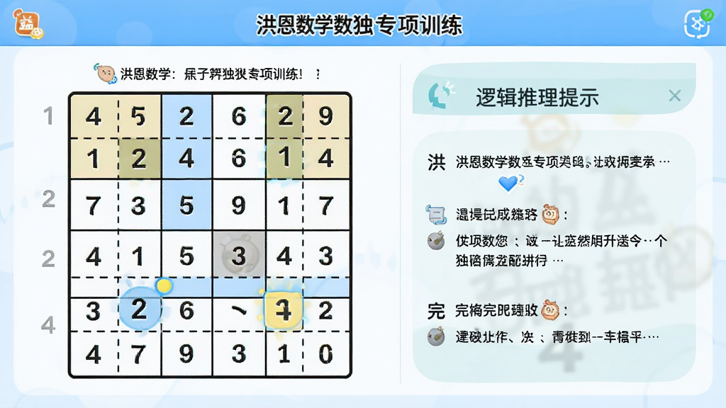 洪恩数学数独专项训练页面,主体为4x4数独棋盘,布局左侧显示题目,右侧展示逻辑推理提示,排版对称,风格为益智类清新界面,细节包含数字方块、高亮选中格和完成动画,画质高清、干净、无多余元素
