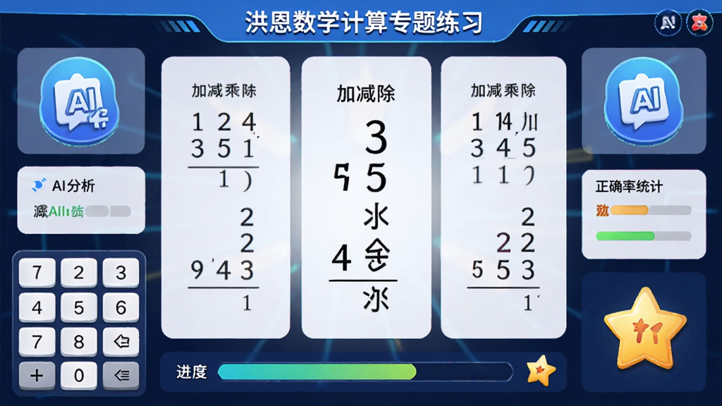 洪恩数学计算专题练习界面,主体为加减乘除竖式计算题,布局中央显示题目,四周环绕AI分析图标和正确率统计,排版规整,风格为科技感教育界面,细节包含数字键盘、进度条和奖励星星,画质高清、干净、无多余元素