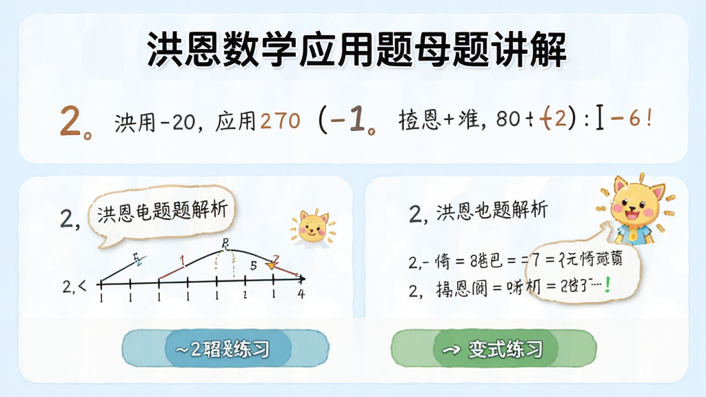 洪恩数学应用题母题讲解页面,主体为一道小学应用题及分步解析,布局上方显示题目,下方展示解题思路和变式练习按钮,排版简洁明了,风格为教育类清爽界面,细节包含数字、线段图和提示气泡,画质高清、干净、无多余元素