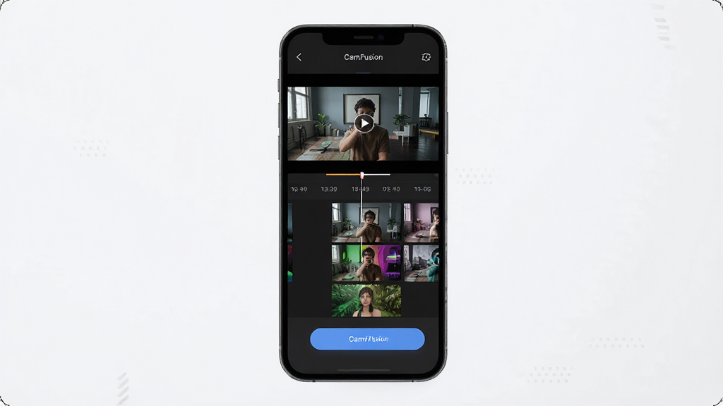 CamFusion��������չʾ��Ƶ��֡���ܣ�����Ϊ�ֻ���Ļ����ʾ��Ƶʱ�������ȡ��ť������Ϊ����չʾ���Ű��࣬���Ϊ�ִ��Ƽ��У�ϸ�ڰ���������Ƶ�����ɫ�ʷḻ��֡Ԥ���������������ɾ����޶���Ԫ��