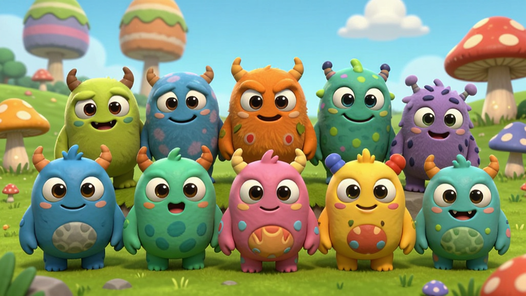 һȺ�ɰ��Ŀ�ͨС�����ɫ�ų����ţ�Բ�����ͣ����۾�����ͬ��ɫ����̬��վ����Ŭ����ħ������Ĳݵ��ϣ������а���ɽ�Ͳ�ɫĢ������ͨ��Ⱦ��񣬸��廭�ʣ��ɾ��������޶���Ԫ��