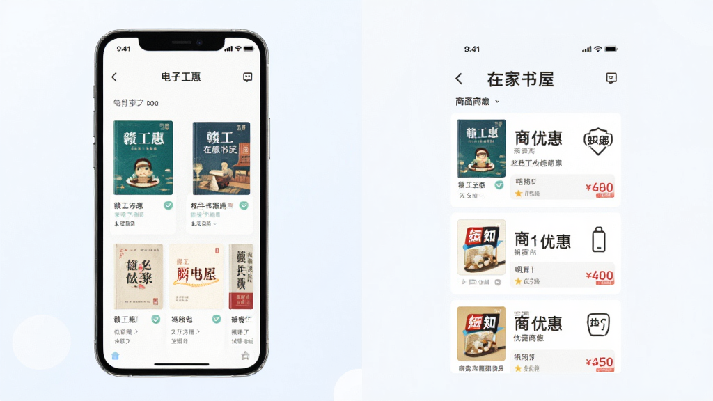 赣工惠 在线书屋与优惠商家界面预览,主体为手机屏幕展示电子书阅读页面和商家优惠列表,布局为左右对比展示,排版整洁美观,风格清新浅色,细节包括书籍封面、商家图标、价格标签,画质高清,干净,无多余元素