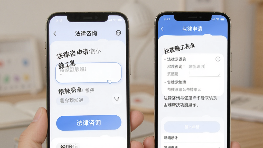 赣工惠 法律咨询与困难帮扶功能展示,主体为手机界面中法律咨询和帮扶申请页面,布局为上下结构排列,排版简洁明了,风格柔和圆角设计,细节包括按钮、输入框、说明文字,画质清晰,干净,无多余元素