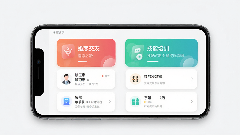 赣工惠 应用界面展示,主体为手机屏幕中显示婚恋交友和技能培训功能页面,布局为左右分栏展示,排版清晰整齐,风格现代简约,细节包括图标、卡片式设计,画质高清,干净,无多余元素