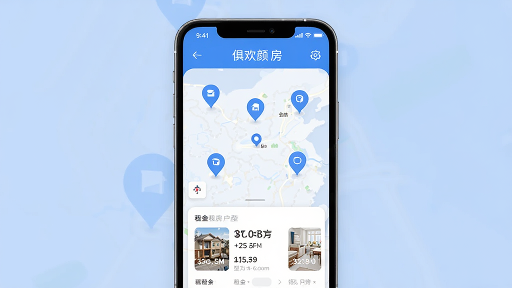 俱欢颜租房APP界面展示,手机屏幕中显示地图找房功能,地图上分布多个房源标记点,底部房源卡片展示租金和户型信息,整体布局清晰,现代扁平化UI风格,蓝白配色,干净简洁,无多余元素,高清画质