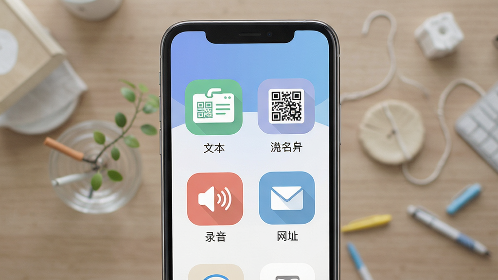 二维码制作生成神器应用界面展示,手机屏幕中显示多种二维码生成入口图标,包括文本、名片、网址、录音、邮件等,界面简洁清新,布局整齐,风格现代扁平化,细节清晰,画质干净,无多余元素