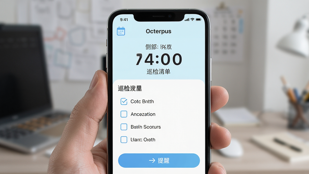 Octerpus����Ѳ������ҳ�棬����Ϊ�ֻ�������ʾ����ʱ��Ѳ���嵥���������·ֲ㣬�Ű����࣬�������ǳɫ��ϸ�ڰ�������ͼ�������Ѱ�ť�������������ɾ����޶���Ԫ��
