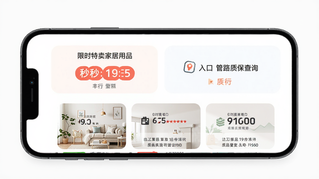丰行万家应用首页展示限时特卖家居用品和管路质保查询入口,主体为手机屏幕界面,布局上下分区,排版简洁,风格清新居家,细节包含秒杀倒计时和质保卡片,画质清晰,干净,无多余元素
