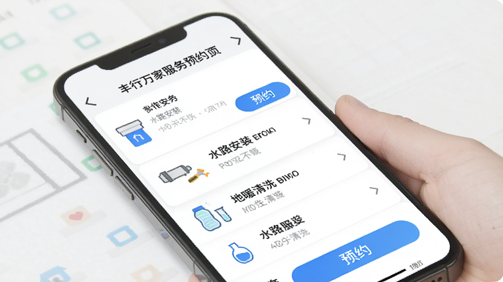 丰行万家服务预约页面展示水路安装与地暖清洗服务项目,主体为手机界面,布局列表式排列,排版整齐,风格现代简约,细节包含服务图标和预约按钮,画质清晰,干净,无多余元素