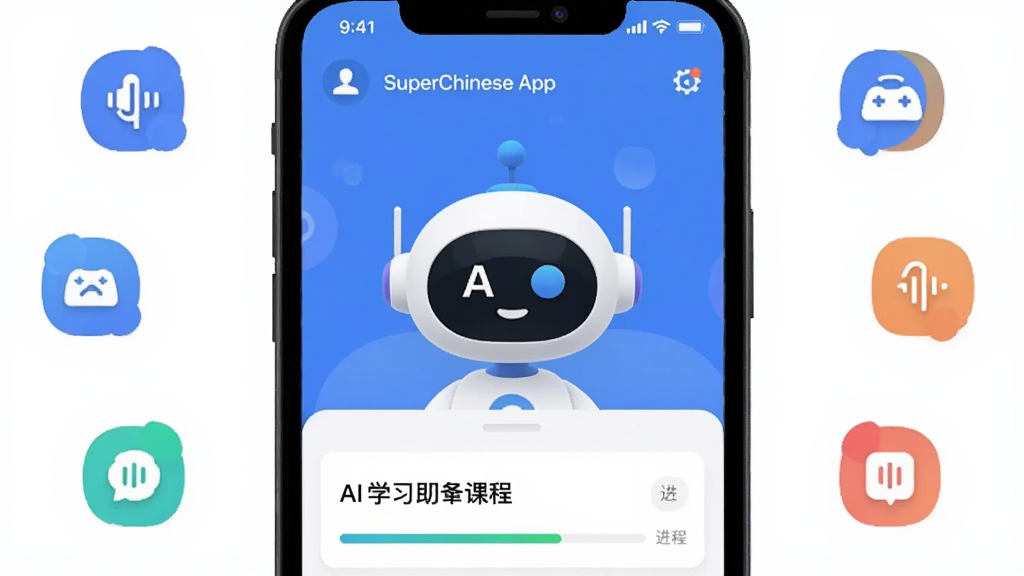 һ��չʾSuperChinese App��������ֻ���Ⱦͼ������������AIѧϰ����������Χ���Ƽ���ظ�����Ϸ��������ʶ���ͼ�꣬���ּ���ִ������Ϊ��ƽ���Ƽ��磬ϸ�ڰ����ֻ���Ļ����ʾ���Ŀγ̿�Ƭ�ͽ����������������ɾ����޶���Ԫ��